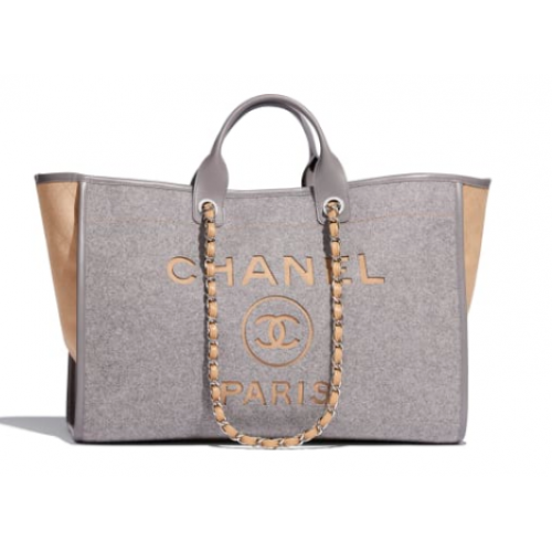 Chanel Original Tote Shopping Bag Lana piel de becerro Metal plateado A93786 Gris y beige