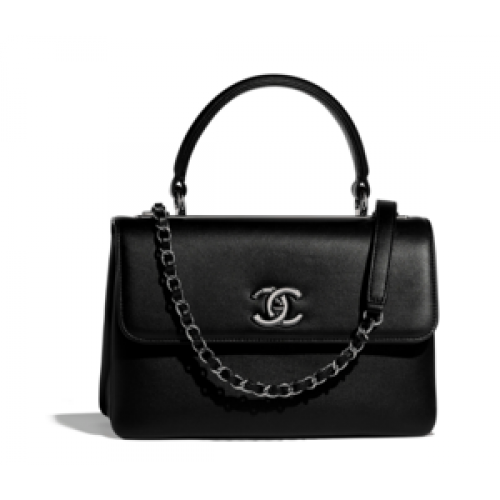 Chanel Original bolso pequeño con solapa y asa en la parte superior A92236 Piel de becerro negra metal acabado rutenio