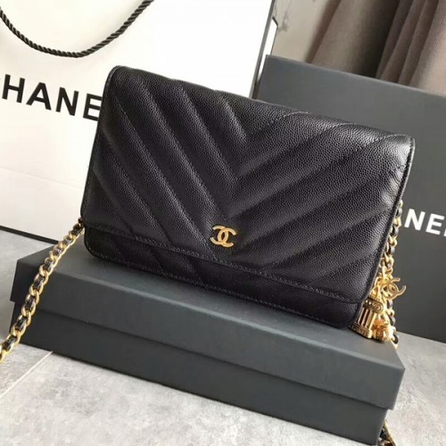 Chanel Búho Colgante Solapa Bolso de hombro Piel de becerro A33814 Negro