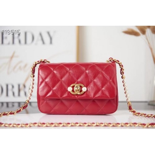 Chanel BOLSO PEQUEÑO CON SOLAPA Piel de ternera Perlas de imitación Metal dorado AS3001 rojo