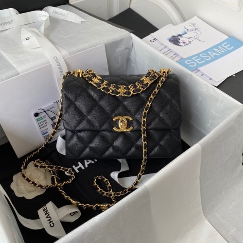 Chanel BOLSO PEQUEÑO CON SOLAPA Piel de ternera granulada metal dorado AS3580 negro