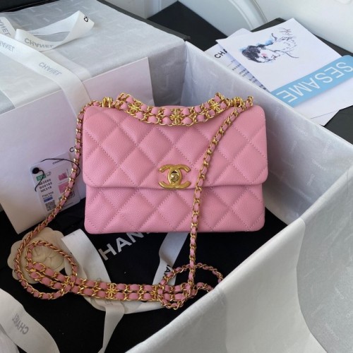 Chanel BOLSO PEQUEÑO CON SOLAPA Piel de ternera granulada metal dorado AS3580 rosa
