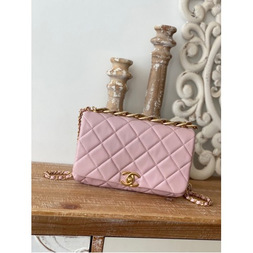Chanel BOLSO PEQUEÑO CON SOLAPA Piel de cordero Metal dorado AS3367 rosa