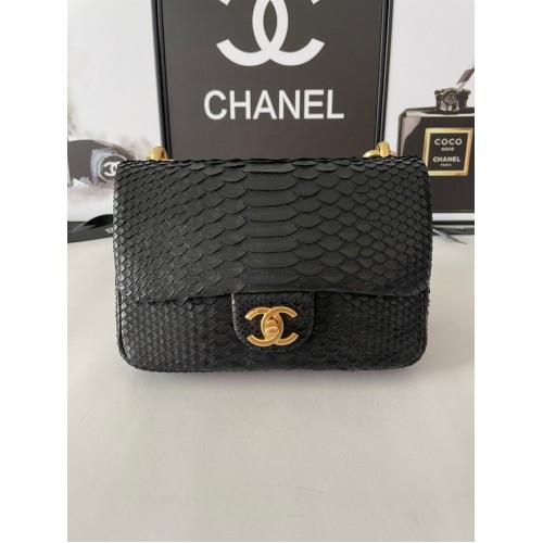 Chanel BOLSO PEQUEÑO CON SOLAPA Piel de serpiente Metal dorado AS3214 negro