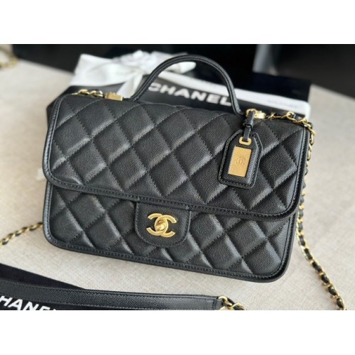 Chanel BOLSO PEQUEÑO CON SOLAPA Y ASA SUPERIOR Piel de becerro granulada AS3653 negro