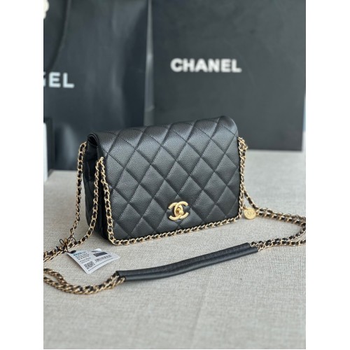 Chanel Bolso con solapa PEQUEÑO Piel de becerro granulada Metal dorado AS3467 negro