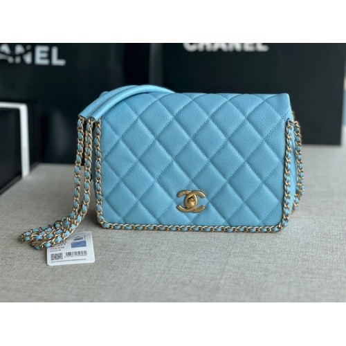 Chanel Bolso con solapa PEQUEÑO Piel de becerro granulada Metal dorado AS3467 azul claro