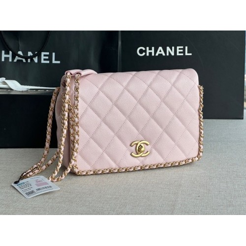 Chanel Bolso con solapa PEQUEÑO Piel de becerro granulada Metal dorado AS3467 rosa