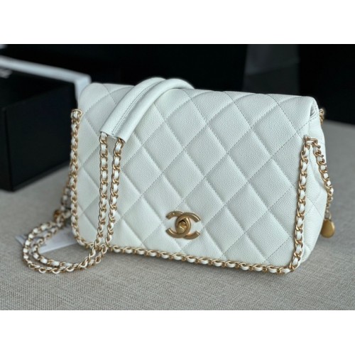Chanel Bolso con solapa PEQUEÑO Piel de becerro granulada Metal dorado AS3467 blanco