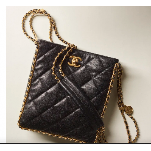 Chanel BOLSO DE LA COMPRA PEQUEÑO Piel de ternera granulada metal dorado AS3470 negro