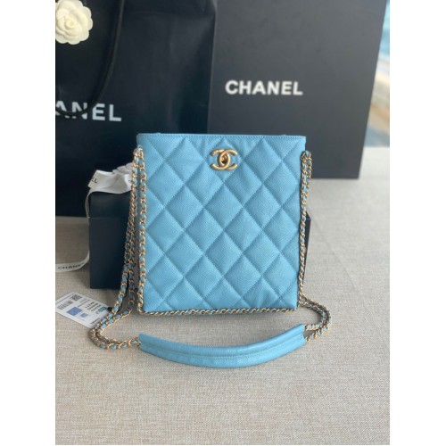 Chanel BOLSO DE COMPRA PEQUEÑO Piel de ternera granulada Metal dorado AS3470 azul claro