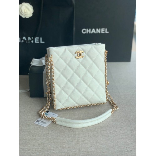 Chanel BOLSO DE LA COMPRA PEQUEÑO Piel de ternera granulada Metal dorado AS3470 blanco