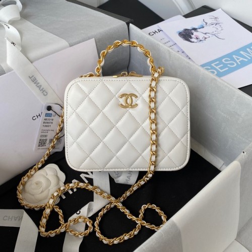 Chanel NECESER PEQUEÑO Piel de cordero Metal dorado AS3318 blanco