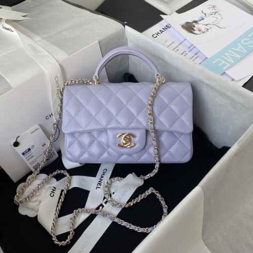 Chanel Bolso mini con solapa de piel de oveja con asa superior AS2431 violeta claro