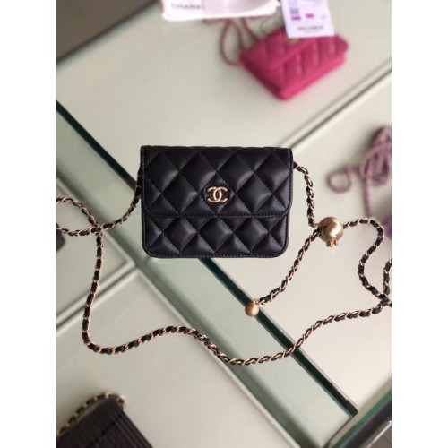 Bolsillo de cuero original de piel de oveja Chanel AP1461 negro