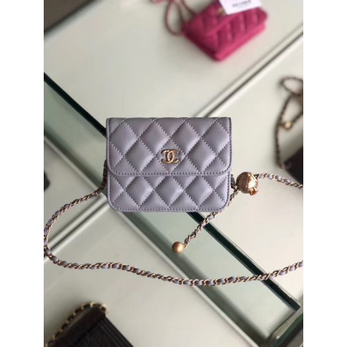 Bolsillo de cuero original de piel de oveja Chanel P0146 gris