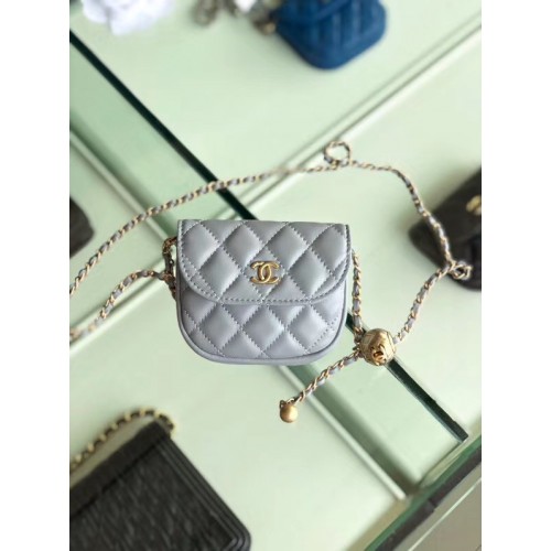 Bolsillo de cuero original de piel de oveja Chanel AP1461 gris