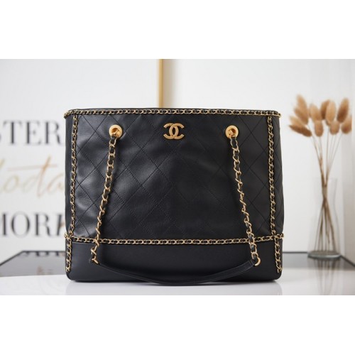 Bolsos de hombro de piel de oveja Chanel AS2761 negro