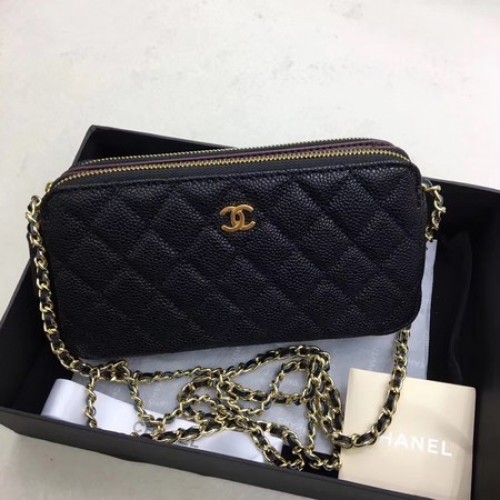 Chanel Bolso de Hombro Negro Patrón Cannage Cuero CHA6845 Oro