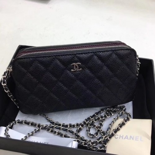 Chanel Bolso de Hombro Negro Patrón Cannage Cuero CHA6845 Plata