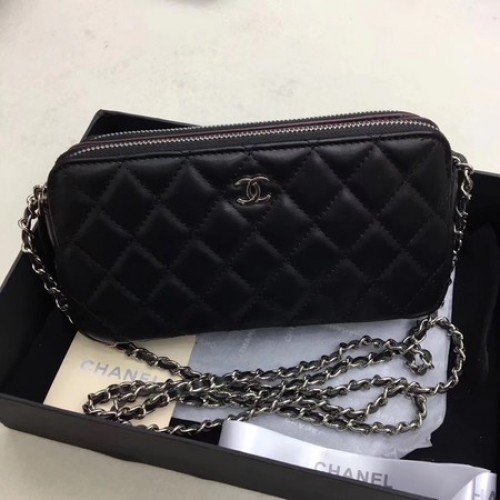 Bolso de hombro Chanel Piel de oveja negra CHA6845 Plata