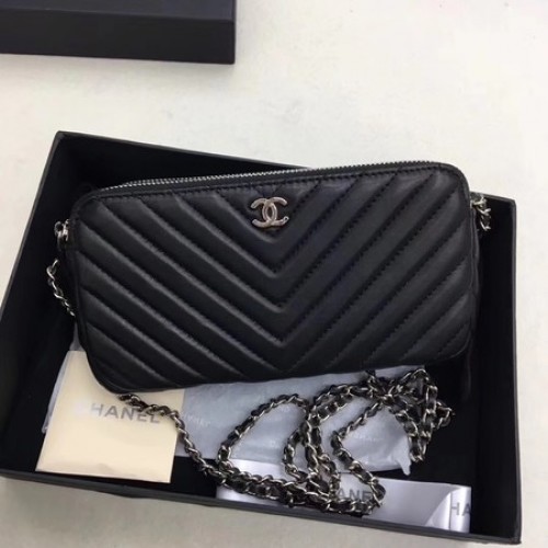 Chanel Bolso de Hombro Piel de Oveja Negra V6845 Plata