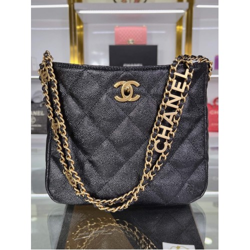Bolso de hombro Chanel Piel de becerro granulada y metal dorado AS3223 negro