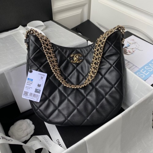 Bolso de hombro Chanel Piel de cordero Metal dorado claro AS3153 negro