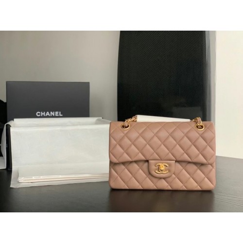 Chanel Bolso clásico pequeño Piel de oveja Metal dorado A01113 Taupe