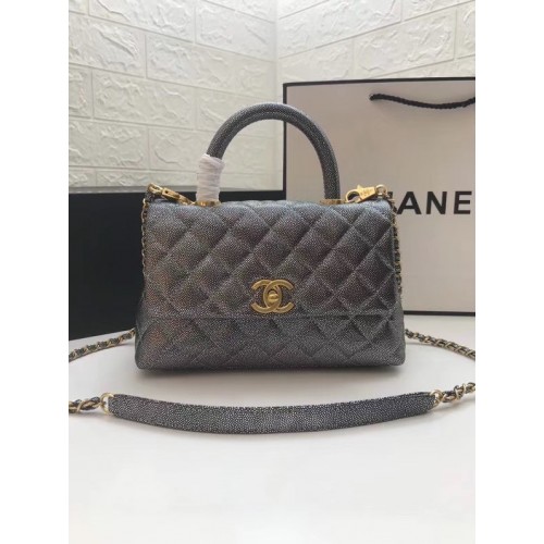 Chanel Bolso pequeño con solapa y asa superior A92990 Gris plateado