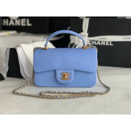Chanel Bolso mini con solapa de piel de serpiente con asa superior AS2431 azul