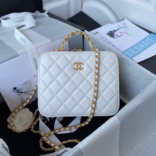 Chanel VANITY CASE Piel de cordero Metal dorado AS3319 blanco