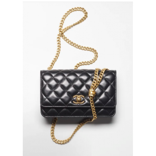 Chanel CARTERA CON CADENA Piel de cordero Metal dorado AP3043 Negro