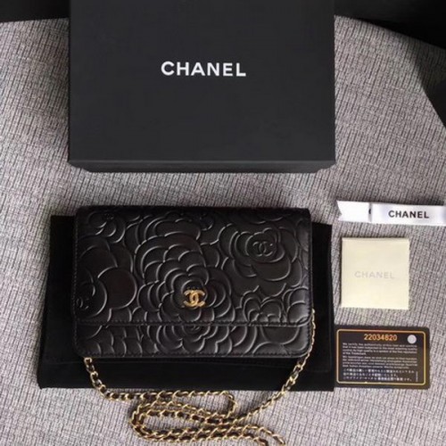Chanel WOC Black Camellia Leather mini Flap Bag A33814 Oro