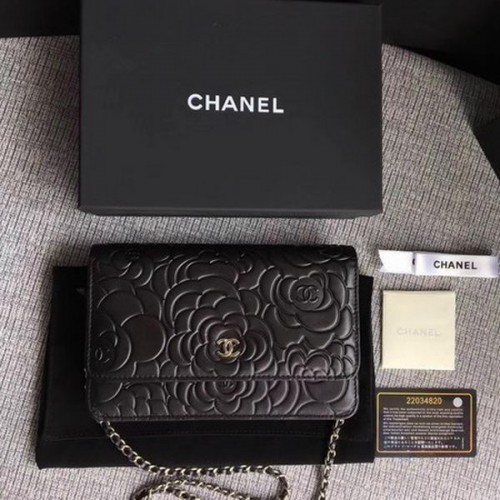 Chanel WOC Black Camellia Leather mini Flap Bag A33814 Plata