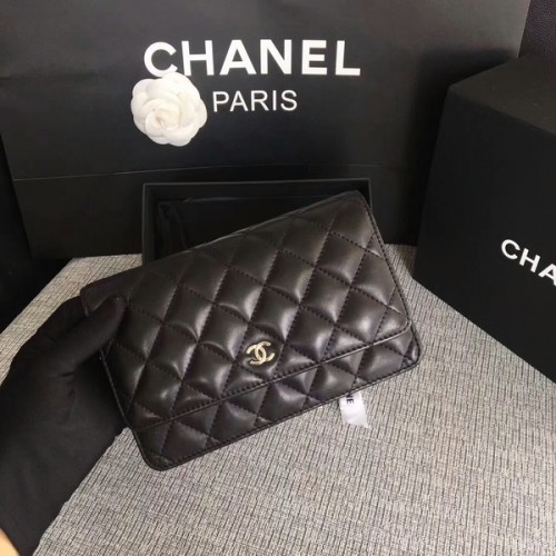 Chanel WOC Flap Bag Negro Piel de oveja original 33814 Plata