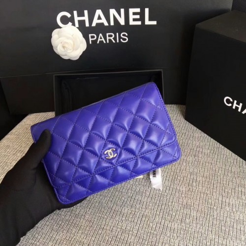 Chanel WOC Flap Bag Azul Original Piel de Oveja 33814 Plata