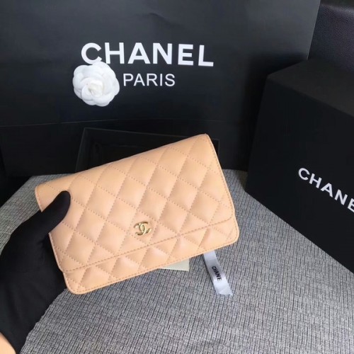 Chanel WOC Bolso con solapa Camel Original Piel de oveja 33814 Glod