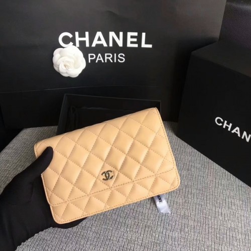 Chanel WOC Flap Bag Camel Original Piel de oveja 33814 Plata