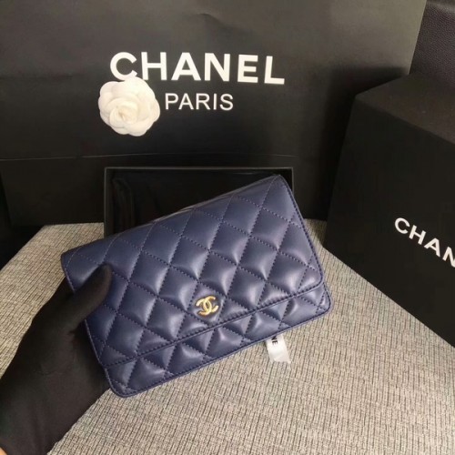 Chanel WOC Bolso con solapa Azul oscuro Piel de oveja original 33814 Glod