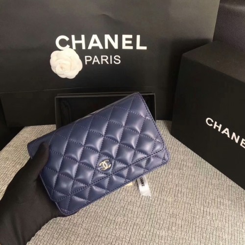 Bolso con solapa Chanel WOC Azul oscuro Piel de oveja original 33814 Plata