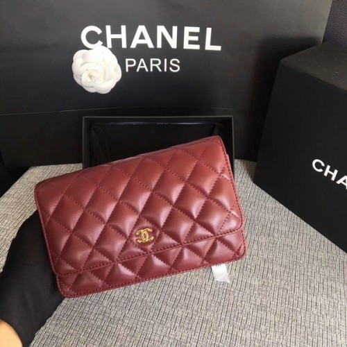 Chanel WOC Bolso con solapa Rojo oscuro Piel de oveja original 33814 Glod