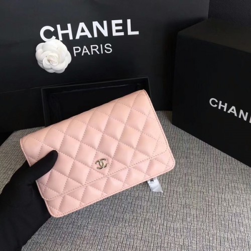 Chanel WOC Bolso con solapa Rosa Claro Original Piel de Oveja 33814 Plata