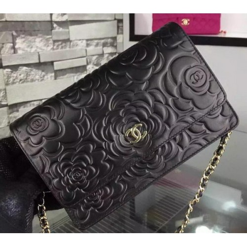Chanel WOC Flap Bolso Original Negro Camelia Cuero A5373 Oro