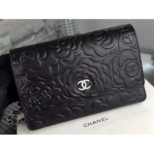 Chanel WOC Flap Bolso Original Negro Camelia Cuero A5373 Plata