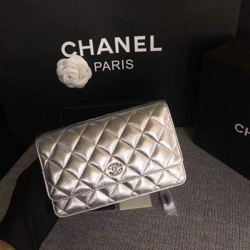 Chanel WOC Flap Bolso Original Piel de Oveja 33814B Plata