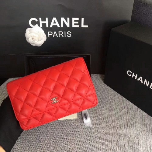 Chanel WOC Flap Bag Rojo Original Piel de Oveja 33814 Plata