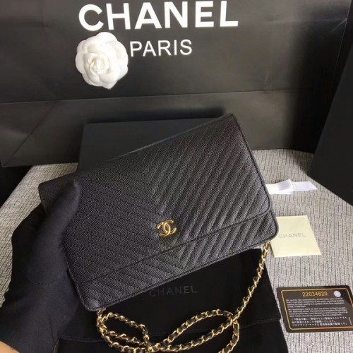 Chanel WOC Bolso de hombro con solapa Piel de becerro negra A33814 Oro