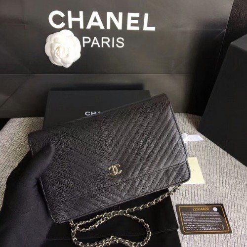 Chanel WOC Bolso de hombro con solapa Piel de becerro negra A33814 Plata