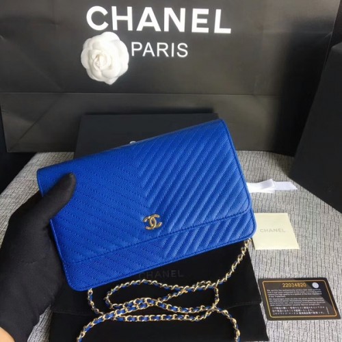 Chanel WOC Bolso de hombro con solapa Azul Piel de becerro A33814 Oro
